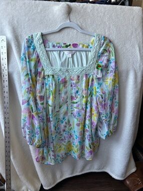 Lauren Conrad Lightweight Floral Square-Neck Women’s Top - Mint Multi size L